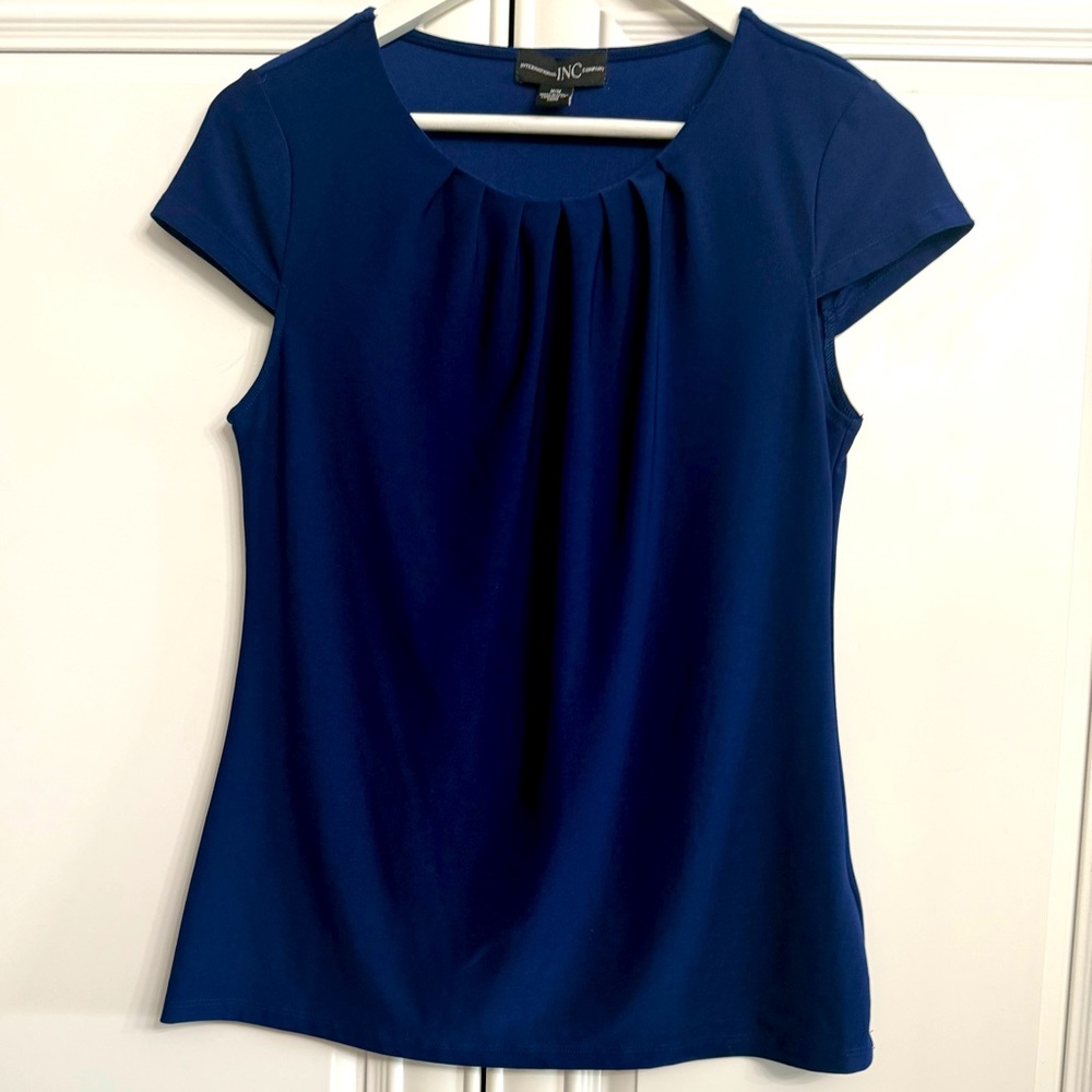 INC Size Medium Royal Blue Cap Sleeve Blouse  Scoop Neck with Gathers Top Shirt